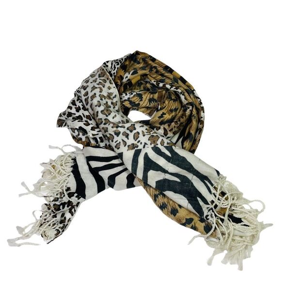 Pashmina White/Tan/Black Leopard Patchwork Fringe Scarf - Picture 4 of 11